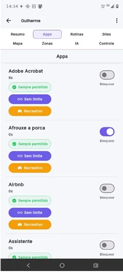 Ecrã da aplicação Velox Child Control