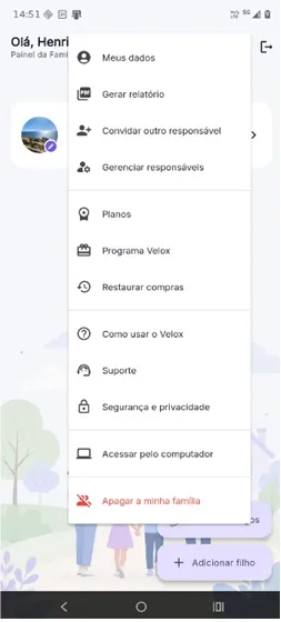 Ecrã da aplicação Velox Child Control