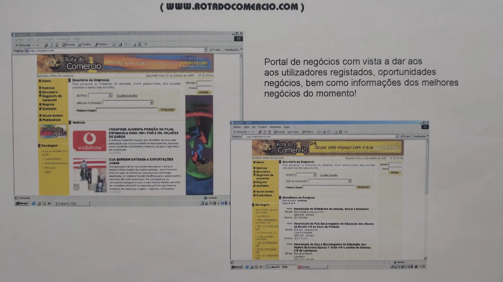 Duas janelas de browser sobre o portal Rota do Comércio, com barra amarela de publicidade, directório de empresas, caixa de pesquisa e listagem de resultados.