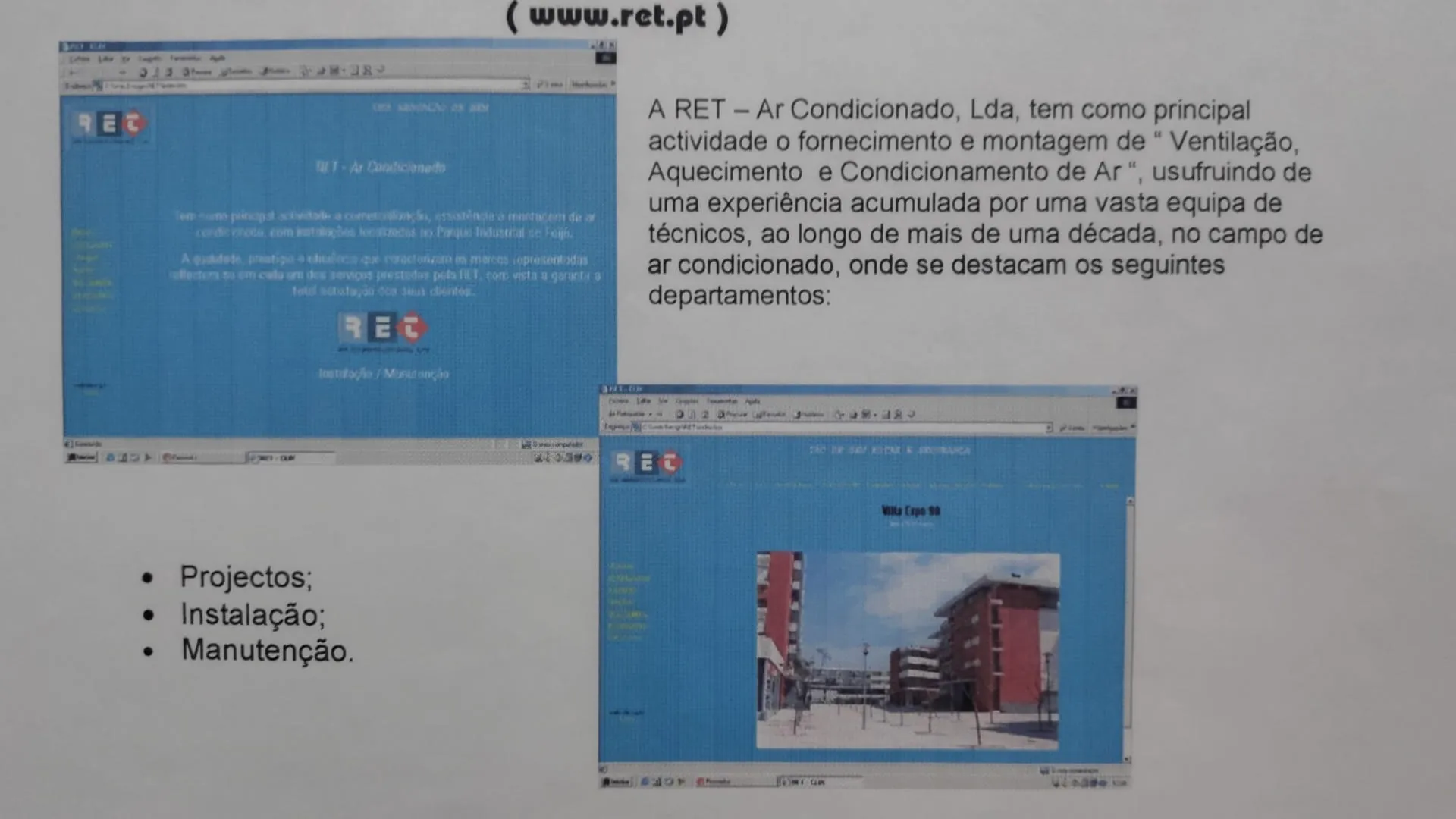 Duas janelas de browser sobre o site azul da RET Ar Condicionado, uma com o texto de apresentação da empresa e outra com a fotografia de um empreendimento.