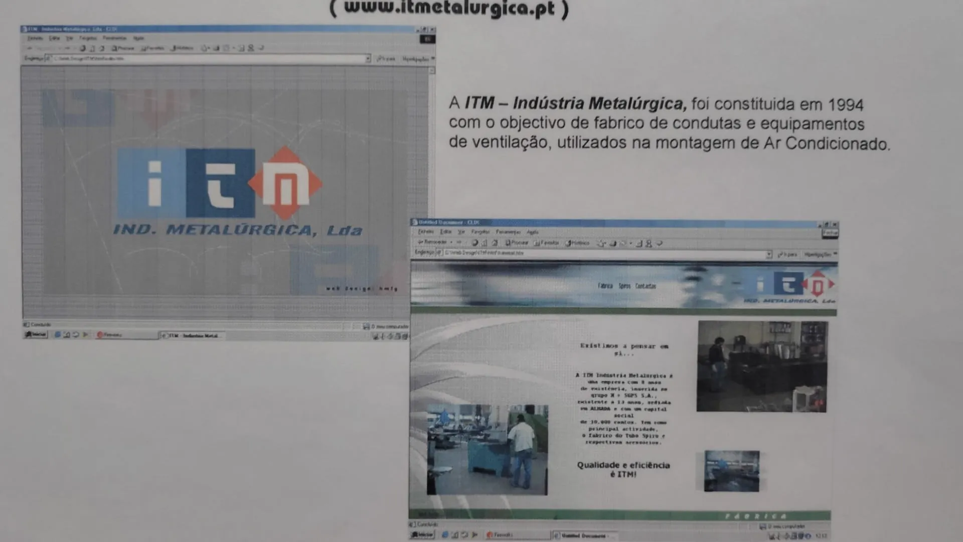 Duas janelas de browser sobre o site da ITM Indústria Metalúrgica: uma página de entrada cinzenta com o logótipo em quadrados azuis e laranja, e uma página de fábrica com fotografias da produção.