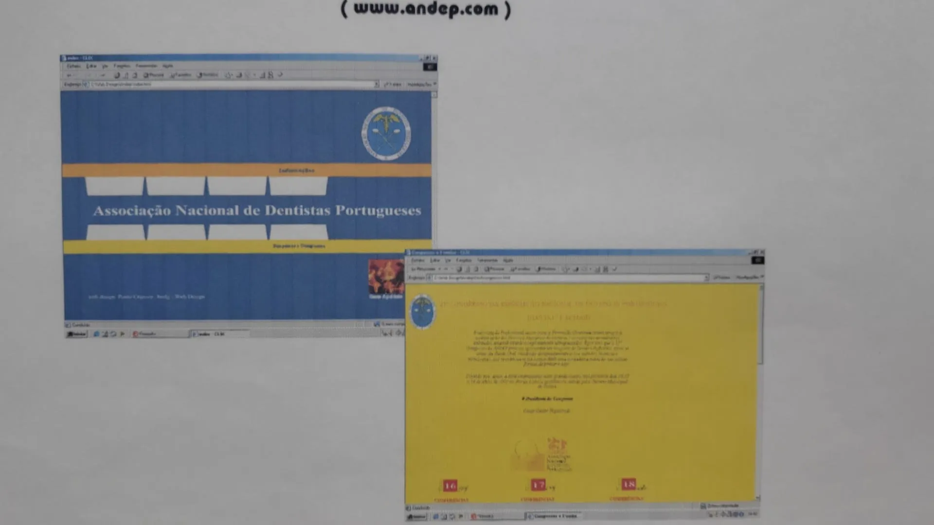 Duas janelas de browser sobre o site da Associação Nacional de Dentistas Portugueses: uma página de entrada azul e amarela com o emblema da associação, e uma página amarela de congresso.