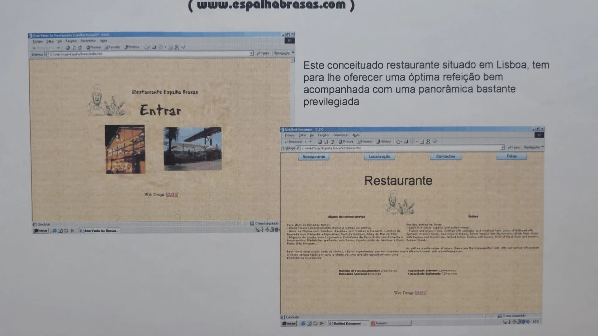 Duas janelas de browser sobre o site do Restaurante Espalha Brasas, com fundo de textura de papel, fotografias da esplanada e uma página de ementa.