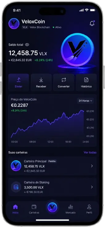 Ecrã da aplicação Velox Coin