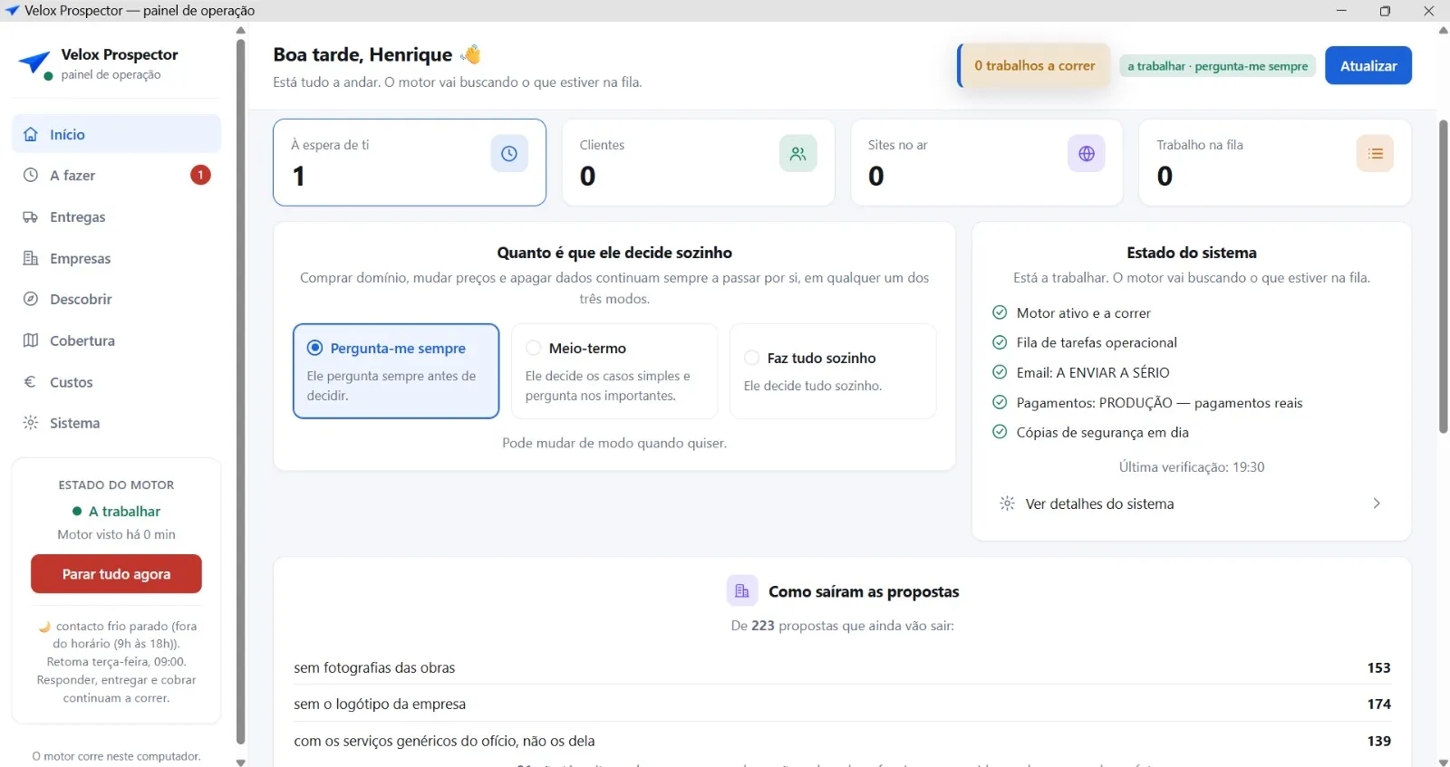 Captura do site Velox Prospector